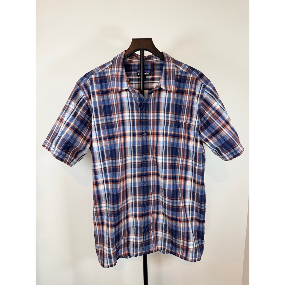 Patagonia Mens XL Blue Orange Plaid Short Sleeve Button Down Shirt 53004 SP18